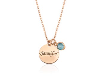 Personalized Name Disc Necklace with Birthstone –14K Gold or Silver Jewelry Gift for Her, Bridesmaid, or Anniversary, Christmas Gift
