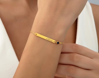 Custom Birthstone Name Bracelet, Christmas Gift for Her, Name Bracelet Gift for Her, Personalized Bar Bracelet with Birthstone, Gift for Mom