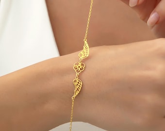 Engel Flügel Armband, Geburtsblume Armband, Mama Geschenk, Gold Engel Armband, Schutzengel Armband, Weihnachtsgeschenk, Mutter eines Engels