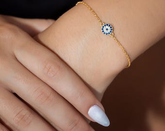 14K Gold Protection Evil Eye Bracelet, 925 Sterling Silver Evil Eye Bracelet, Gold Nazar Bracelet,Christmas & Birthday Gifts For Her Mom