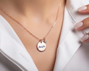 Personalised Disc Name Necklace with Birthstone, Dainty Name Pendant, Engraved Initial Necklace, Teenage Girl Birthday Gift, Mother Day Gift