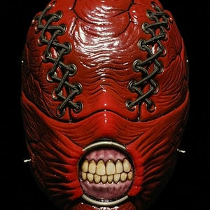May include: A red mask with a stitched design and a gaping mouth revealing teeth. The mask has black laces and a textured surface, creating a disturbing and unsettling appearance. The mask is set against a black background.