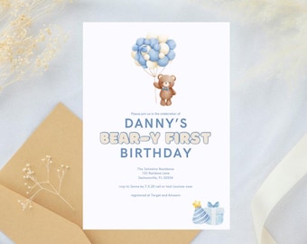 Baby Boy First Birthday Invite – Blue Bear Design – Editable Canva Template – Instant Download