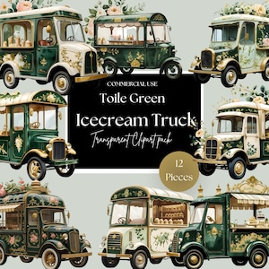 May include: A set of illustrations featuring vintage ice cream vans in green, cream, and gold, decorated with floral patterns. The image includes the text "Toile Green Icecream Truck Transparent Clipart pack" and indicates "12 Pieces".
