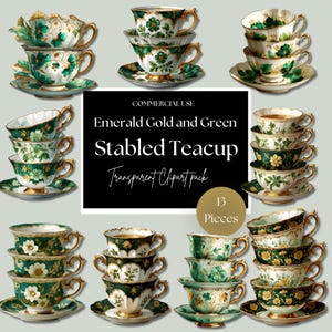 May include: A collection of 13 emerald green and gold teacups and saucers. The teacups feature floral designs and gold trim. The image includes the text "Emerald Gold and Green Stabled Teacup Transparent Clipart pack."