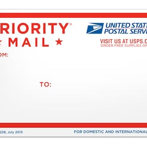 May include: A white Priority Mail label with red and blue text and accents. The label includes the text "PRIORITY MAIL" and "UNITED STATES POSTAL SERVICE". It also has space for "FROM:" and "TO:" addresses.