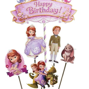 May include: A cake topper set featuring characters from the animated series, with the text "Happy Birthday!". The set includes a banner, princess figures, a prince, and a rabbit. The color scheme is primarily purple, pink, and gold.