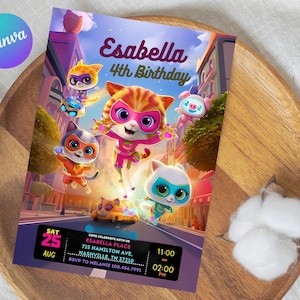 Girl Super Kitties Birthday Invitation Template Super Kitties Invitation Digital Cat Girl Invite Template Kitty Cat Party Invite