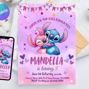 Stitch and Angel Birthday Invitation: Editable & Printable Template – Beautiful Invitation for Your Little One's Birthday, Editable in Canva