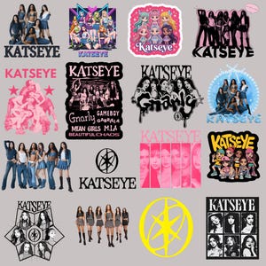 May include: A selection of stickers and graphics displaying the name "KATSEYE" in diverse fonts and styles. The designs incorporate images of a group of women, cartoon characters, and abstract symbols, in shades of pink, black, and yellow.