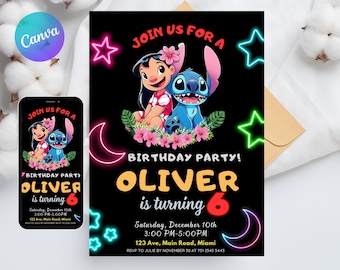 Plantilla de invitación de cumpleaños de Lilo y Stitch: invitación editable para fiesta en Canva (descarga en PDF)