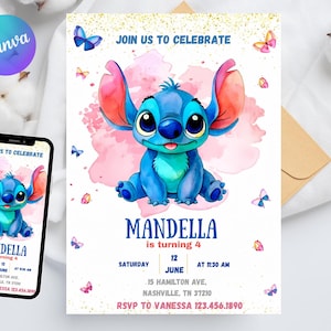 Stitch Birthday Invitation Editable Template, Canva Editable Birthday Invitation, Stitch Birthday Party Invitation, Invite Canva Template