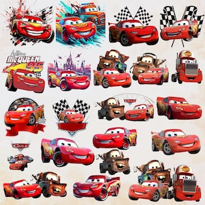 May include: A collection of red cartoon race cars, including Lightning McQueen, with various designs and poses. Some images feature checkered flags and the text "Cars". The cars are the primary focus, with a white background.