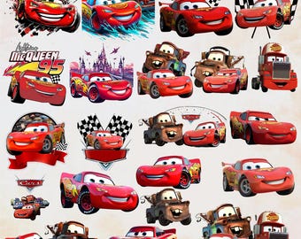 May include: A collection of red cartoon race cars, including Lightning McQueen, with various designs and poses. Some images feature checkered flags and the text "Cars". The cars are the primary focus, with a white background.