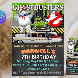 May include: A Ghostbusters-themed birthday invitation featuring the Stay Puft Marshmallow Man, Slimer, and the Ghostbusters logo. The invitation includes details for a 7th birthday party, with a white and red Ecto-1 car.