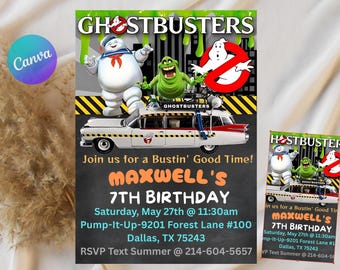May include: A Ghostbusters-themed birthday invitation featuring the Stay Puft Marshmallow Man, Slimer, and the Ghostbusters logo. The invitation includes details for a 7th birthday party, with a white and red Ecto-1 car.