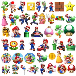 Könnte beinhalten: Eine Sammlung von Super Mario Charakter-Aufklebern mit Mario, Luigi, Prinzessin Peach, Yoshi, Bowser und Toad. Das Set enthält verschiedene Posen, Karts, Power-Up-Pilze, Münzen, Sterne, Röhren und das Super Mario Logo auf weißem Hintergrund.