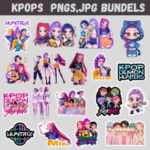 May include: A selection of K-Pop PNG and JPG digital stickers. The stickers showcase vibrant illustrations of K-Pop groups and characters, with text including "HUNTRIX", "SAJA BOYS", and "K-POP DEMON HUNTERS".