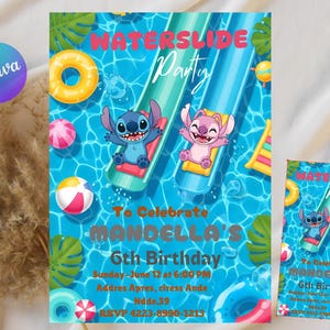 Puede incluir: Una colorida invitación a una fiesta acuática con personajes de dibujos animados en toboganes acuáticos en una piscina. La invitación incluye el texto "To Celebrate Mandella's 6th Birthday" con detalles del evento. También hay una versión más pequeña.