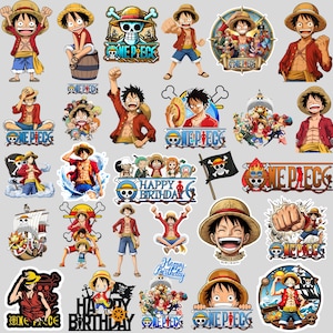 May include: A collection of One Piece stickers featuring Monkey D. Luffy in various poses, wearing a straw hat, red vest, and blue shorts. The designs include group character illustrations, the One Piece logo, and Happy Birthday text graphics.
