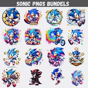 以下が含まれることがあります： カラフルなソニック・ザ・ヘッジホッグのPNGコレクション。さまざまなアクションポーズのソニックが、鮮やかな背景と詳細で描かれています。「SONIC PNGS BUNDELS」の文字が上部にあります。