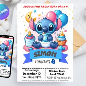 Puede incluir: Una invitación de cumpleaños con un personaje de dibujos animados azul sosteniendo un biberón, con globos rosas y azules. La invitación dice "¡Únete a nosotros para una fiesta de cumpleaños!" e incluye el nombre "Simón" y la edad "8".