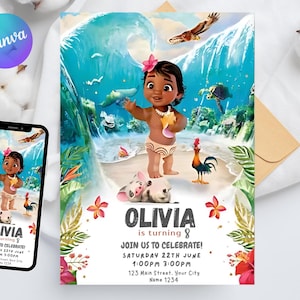 Convite de aniversário editável Baby Moana | Convite de aniversário imprimível Baby Moana | Modelo de festa infantil | Convite no Canva | Download instantâneo