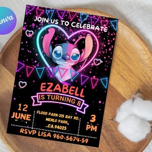 Stitch Birthday Party Invitation Template | Editable Cartoon Bday Evite & Fun Canva Design for Kids Party, Instant Download