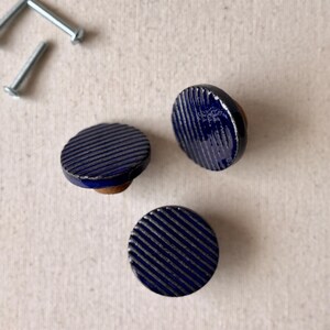 Handmade Ceramic Knobs Set of 3 / Cobalt /Mid-century Modern Low Profile Knobs with Hardware