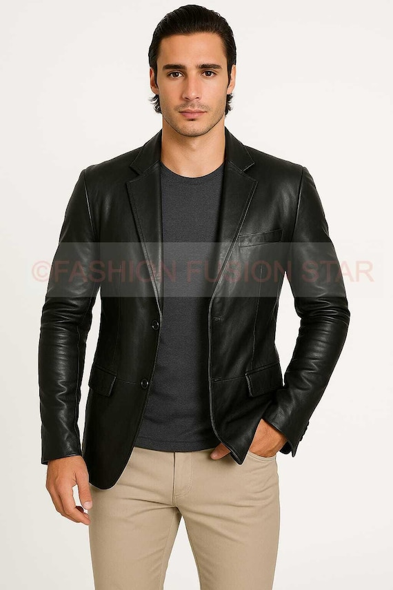 Handmade Men's Leather Blazer: Slim Fit Black Leather Coat
