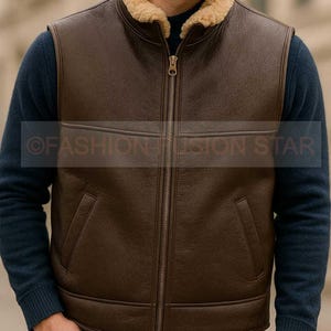 Men&#39;s Genuine Sheepskin Leather Vest: Faux Shearling Lined Biker Waistcoat