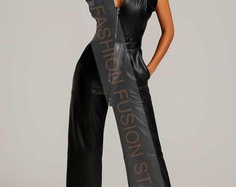 Handmade Sheep Leather Jumpsuit: Ruffle Sleeve Wide Leg Romper