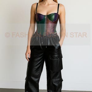 Genuine Sheep Leather Overbust Corset – Multi Color Bustier with Front Zipper & Lace-Up Back | Festival, Gothic, Steampunk, Costume