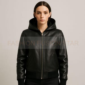 Genuine Sheep Black Leather Hoodie Jacket for Women | Handmade Zip-Up Hooded Bomber | Casual Luxury Streetwear | Christmas Gift For Her