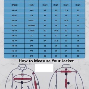 May include: A blue jacket size chart with measurements in inches. The chart details chest, sleeve, shoulder, and length measurements, with sizes from XXS to 5XL. Diagrams show how to measure a jacket for accurate sizing.