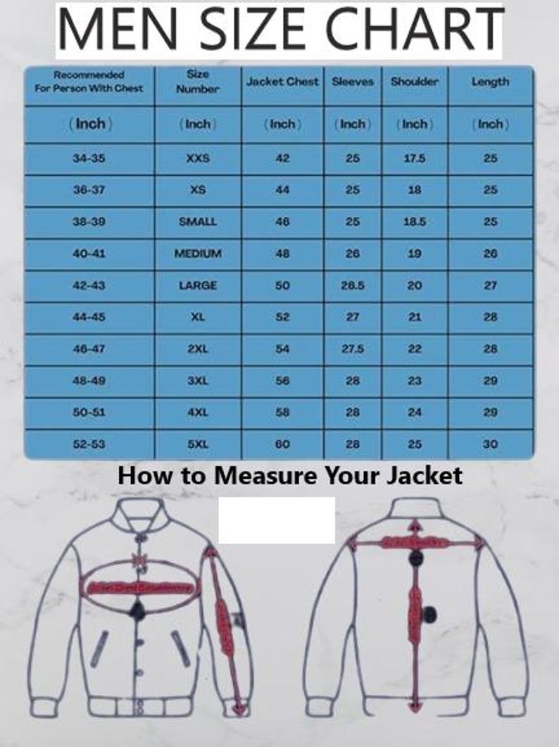 May include: A blue jacket size chart with measurements in inches. The chart details chest, sleeve, shoulder, and length measurements, with sizes from XXS to 5XL. Diagrams show how to measure a jacket for accurate sizing.