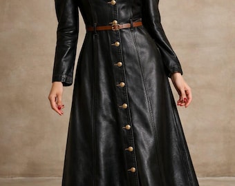 Genuine Sheep Leather Dress for Women | Luxury Handmade Midi Dress | Puff Sleeve Outfit