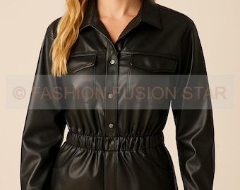 Handmade Black Faux Leather Romper: Edgy Long Sleeve Jumpsuit with Pockets
