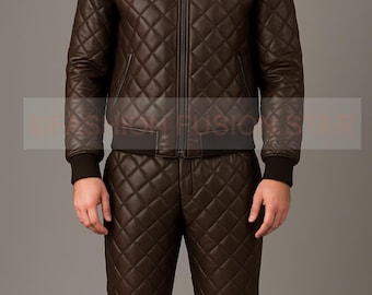 Genuine Sheep Leather Handmade Diamond Quilted Bomber Jacket: Slim Fit Black Streetwear