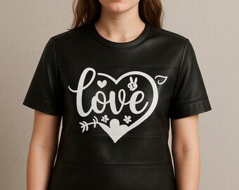 Handmade Matte Black Sheep Leather T-Shirt: Love Graphic