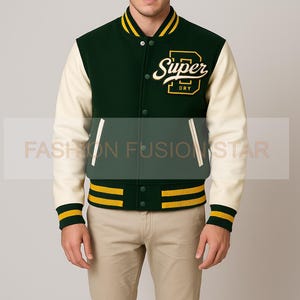 May include: A green and cream varsity jacket with the word "Super" and the letter "D" embroidered on the chest. The jacket has yellow and green striped accents on the collar, cuffs, and waist. The sleeves are cream-colored.