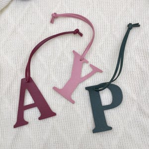 Può includere: Tre segnalibri in pelle a forma di lettere A, Y e P. La lettera A è bordeaux, la Y è rosa e la P è verde acqua. Ogni lettera ha un cordino in pelle abbinato nella parte superiore.