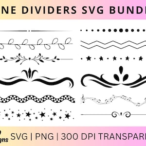 May include: A digital SVG bundle featuring 80 black line divider designs. The image includes various decorative elements such as dots, stars, zigzags, and floral patterns. Text on the image reads "LINE DIVIDERS SVG BUNDLE" and "SVG | PNG | 300 DPI TRANSPARENT".