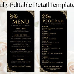 Bearbeitbares Menü- und Programmvorlage, Hochzeitsmenü, Geburtstagsfeier-Menü, Schwarzgold-Dinner-Lunch-Menükarten, druckbare digitale Canva-Vorlage