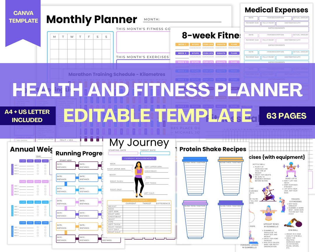 Editable Fitness Planner Canva Template: Wellness Journal & Workout ...
