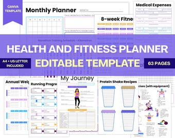 Editable Fitness Planner Canva Template: Wellness Journal & Workout Tracker (Digital Download
