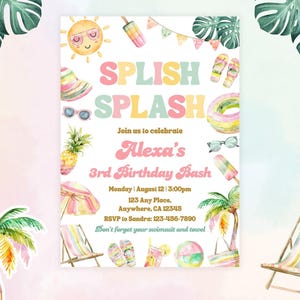 Splish Splash Invitation, Editable Pool Party Invite, Canva Summer Birthday Card, Water Slide Girl Invite, Paddling Pool Template Download