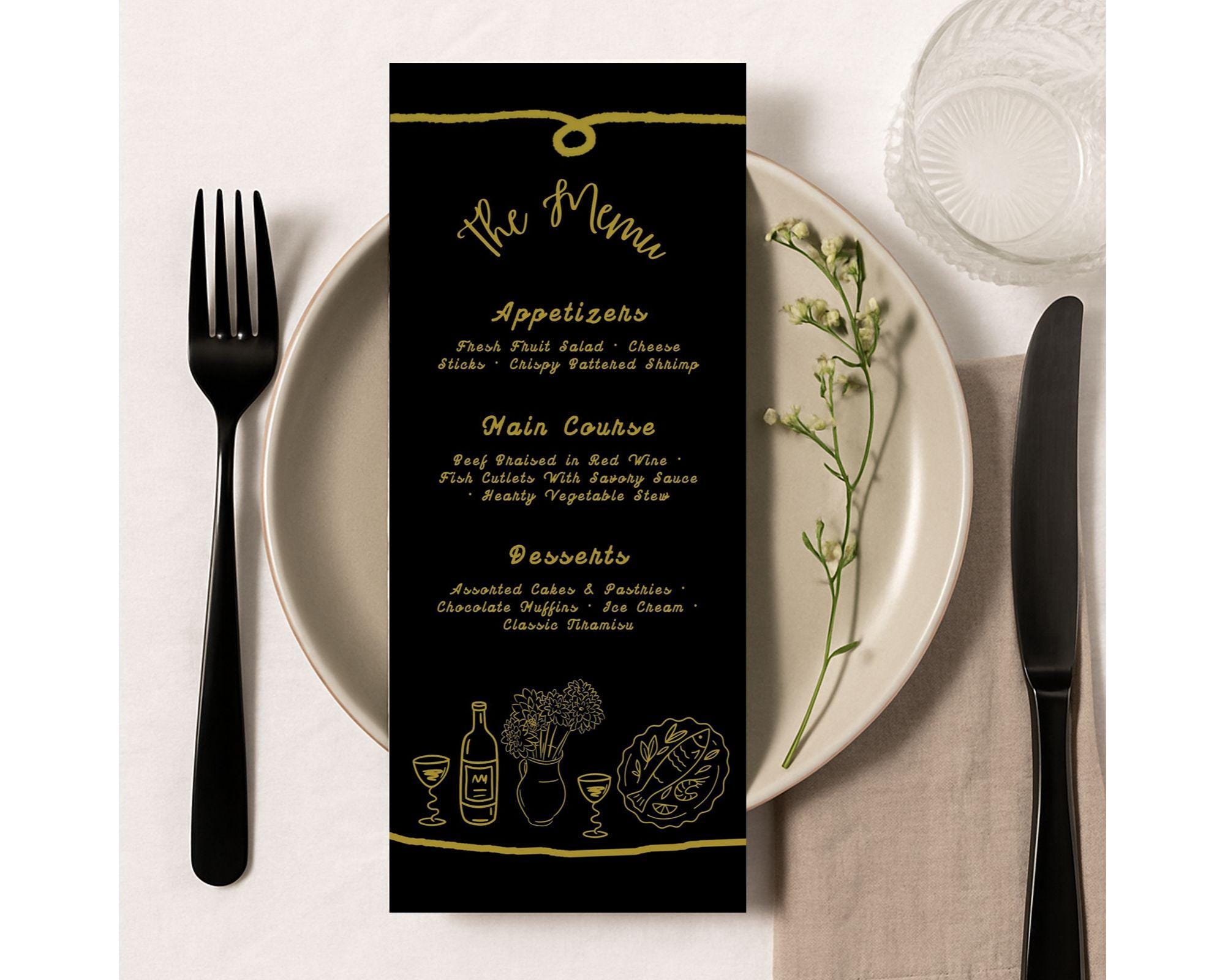 Black and Gold Wedding Menu, Elegant Canva Dinner Template, Printable Reception Menu, Formal Event Menu Card, Editable Instant Download