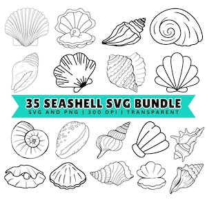 May include: A selection of 15 black and white seashell illustrations. The image features diverse shell shapes and designs, including conch shells, scallop shells, and spiral shells. Text at the bottom reads "35 Seashell SVG Bundle".