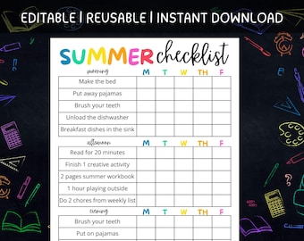 Printable Editable SUMMER Daily Checklist for Kids | Chore Chart for Kids | Summer Rules | Summer Routine | Instant Download